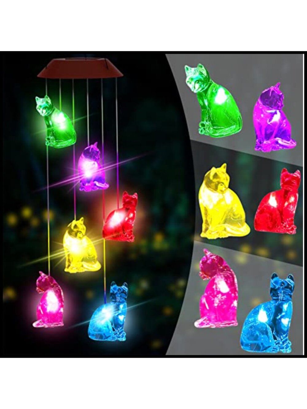 Solar Cat Wind Chimes 7-Color LED Crystal Cat Memorial Outdoor Yard Decor